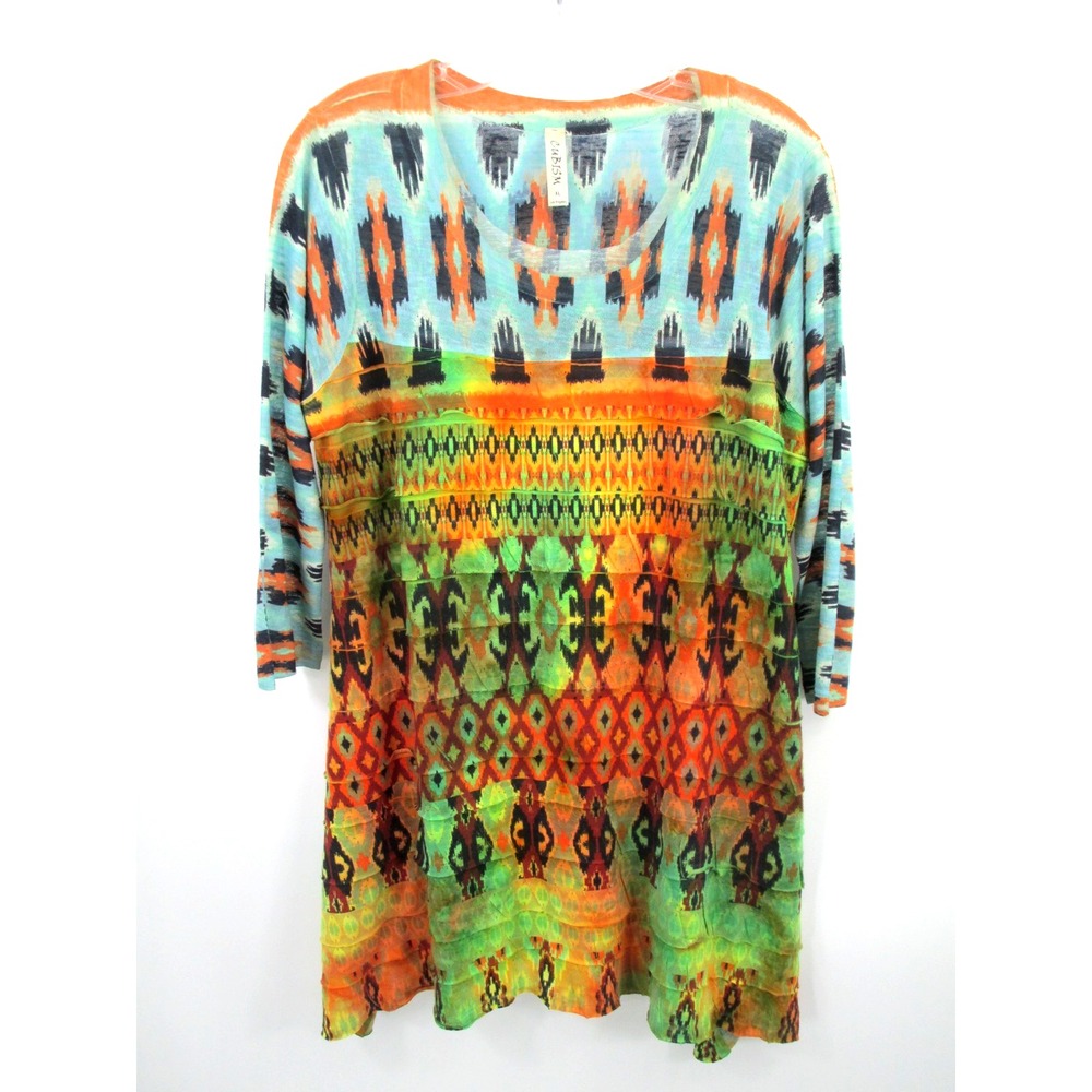 Cubism Pullover Knit Tunic Blouse Womens XL Multicolor Tiered Artsy Tribal Top